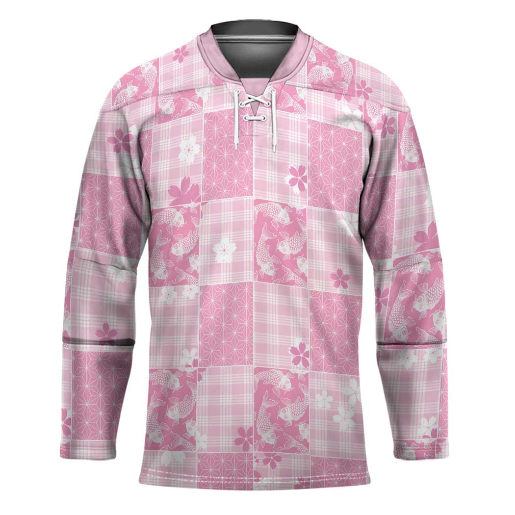 Pink Palaka Japanese Patterns Hockey Jersey Koi Fish Asanoha Sakura Patchwork Stylized - Polynesian Pride