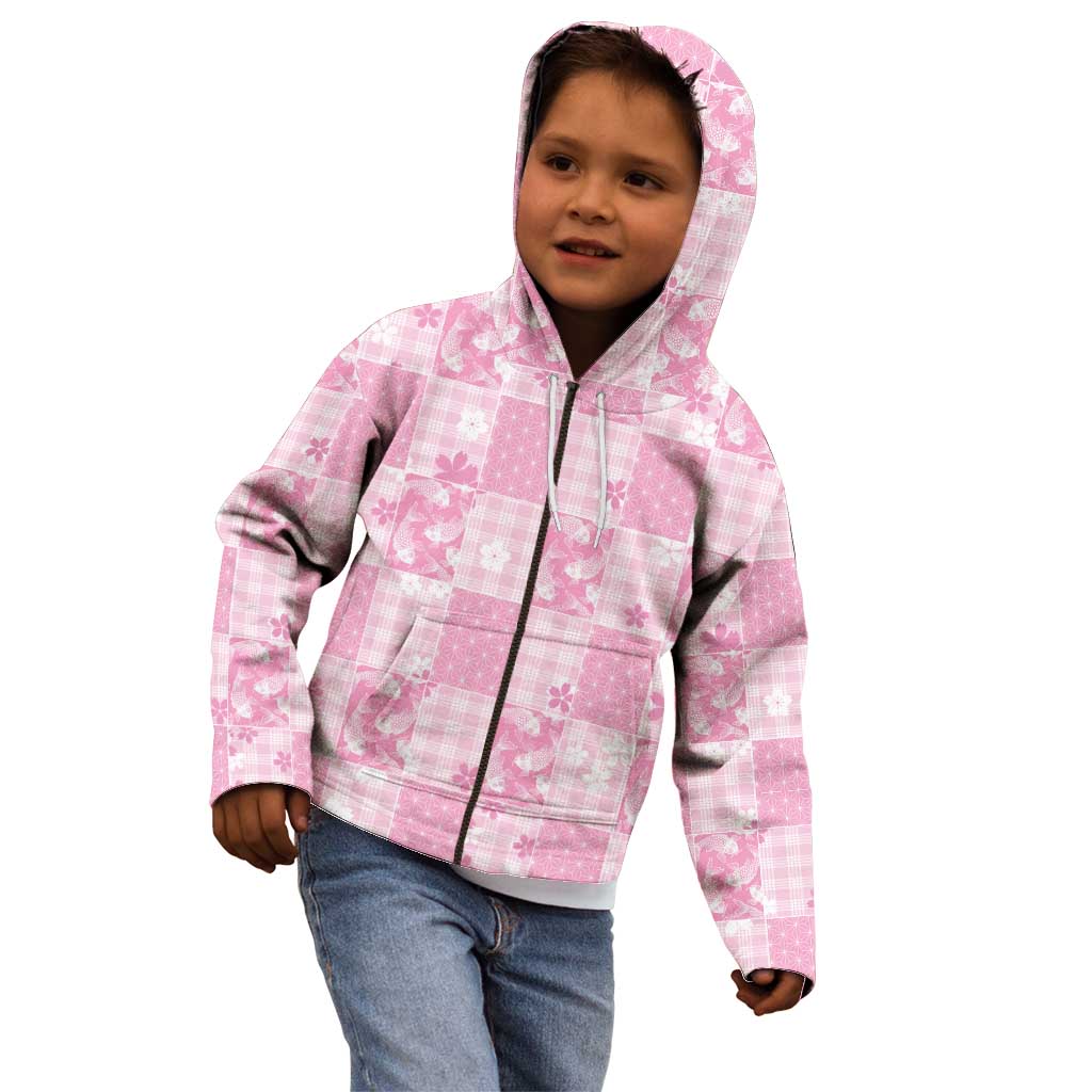Pink Palaka Japanese Patterns Kid Hoodie Koi Fish Asanoha Sakura Patchwork Stylized - Polynesian Pride