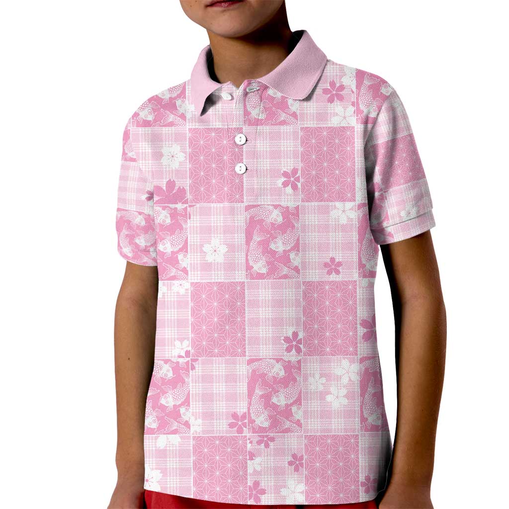 Pink Palaka Japanese Patterns Kid Polo Shirt Koi Fish Asanoha Sakura Patchwork Stylized - Polynesian Pride