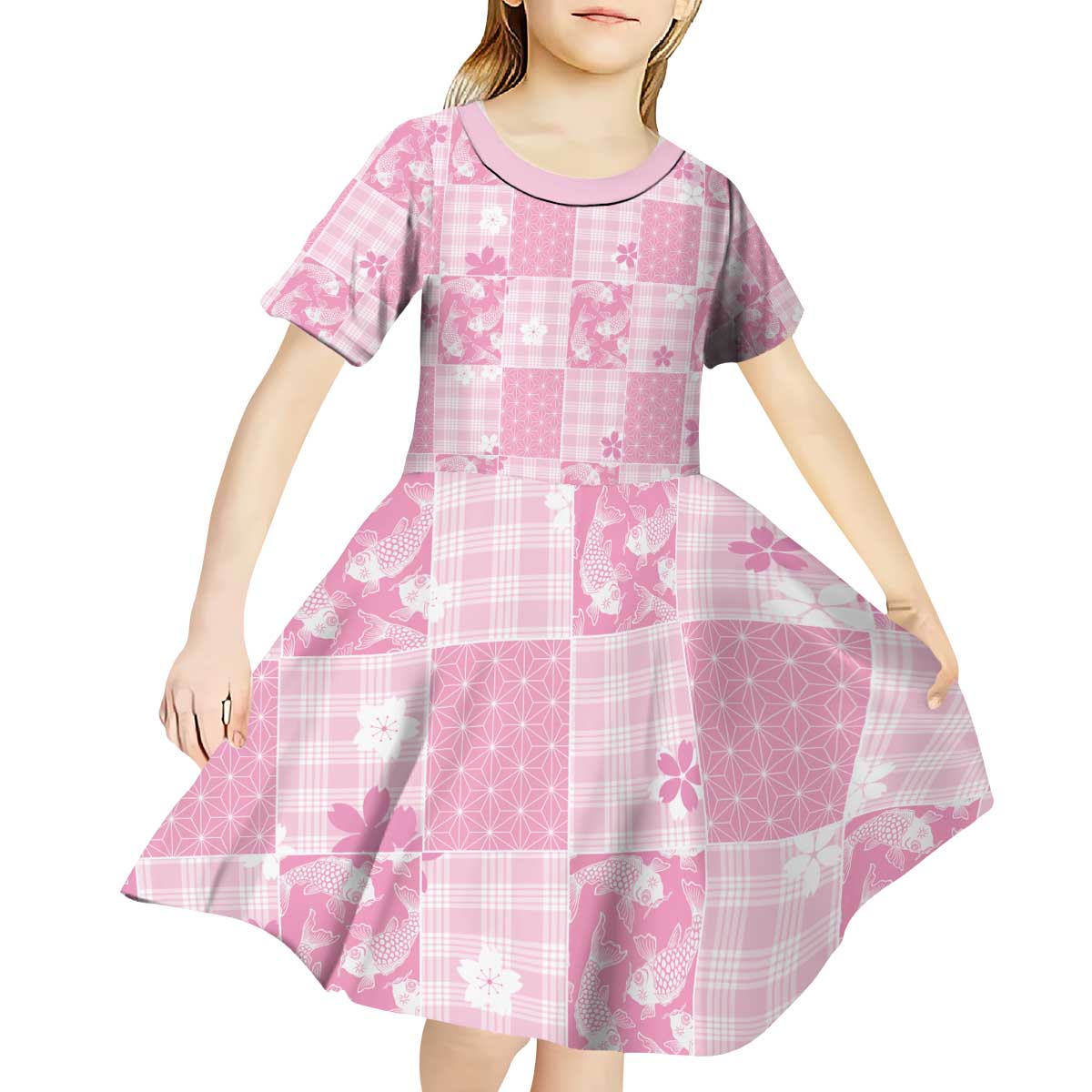 Pink Palaka Japanese Patterns Kid Short Sleeve Dress Koi Fish Asanoha Sakura Patchwork Stylized - Polynesian Pride