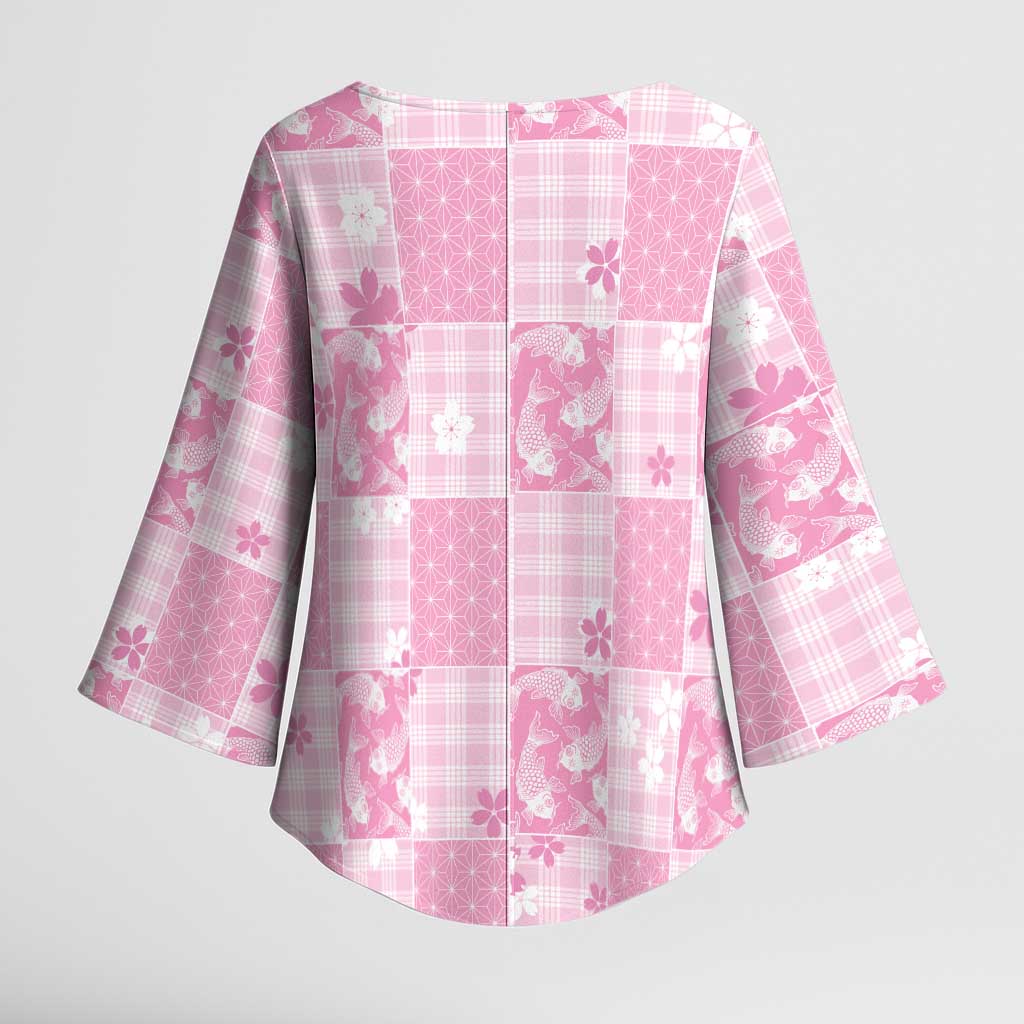 Pink Palaka Japanese Patterns Kimono Sleeve Blouse Koi Fish Asanoha Sakura Patchwork Stylized - Polynesian Pride