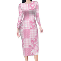 Pink Palaka Japanese Patterns Long Sleeve Bodycon Dress Koi Fish Asanoha Sakura Patchwork Stylized - Polynesian Pride