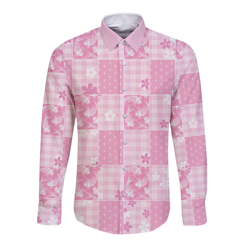 Pink Palaka Japanese Patterns Long Sleeve Button Shirt Koi Fish Asanoha Sakura Patchwork Stylized - Polynesian Pride