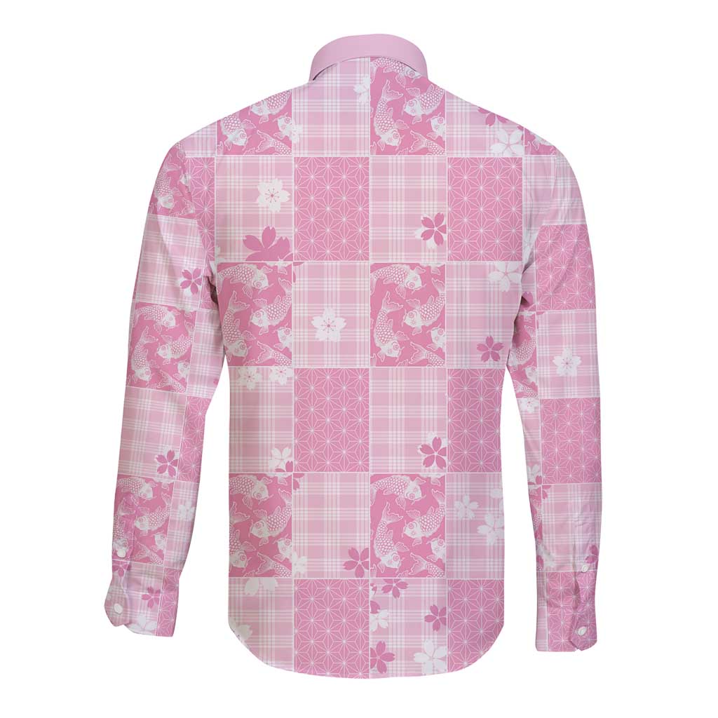 Pink Palaka Japanese Patterns Long Sleeve Button Shirt Koi Fish Asanoha Sakura Patchwork Stylized - Polynesian Pride