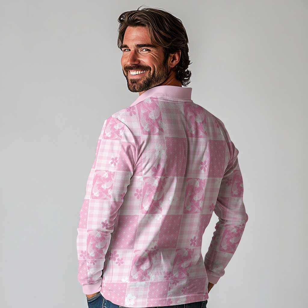Pink Palaka Japanese Patterns Long Sleeve Polo Shirt Koi Fish Asanoha Sakura Patchwork Stylized - Polynesian Pride