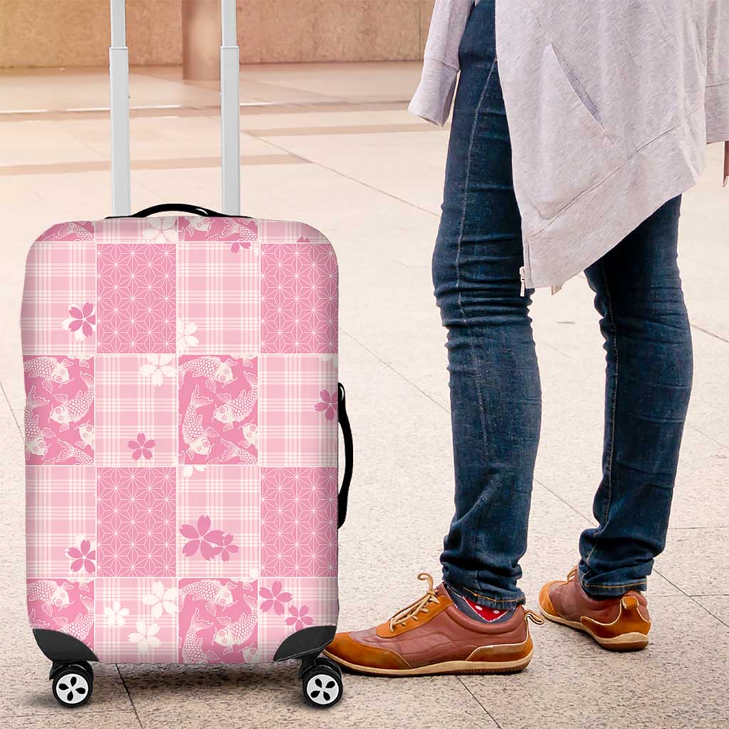 Pink Palaka Japanese Patterns Luggage Cover Koi Fish Asanoha Sakura Patchwork Stylized - Polynesian Pride