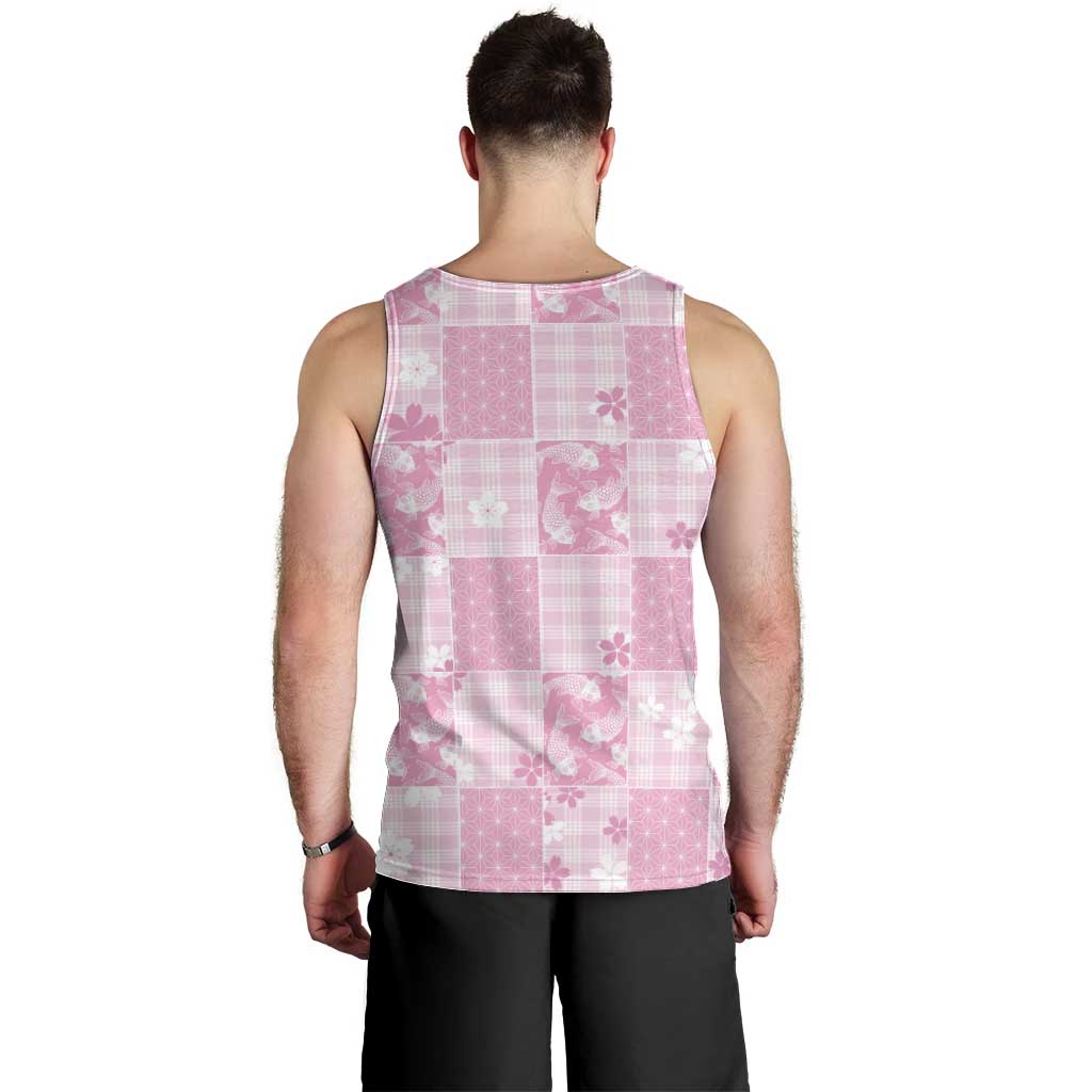 Pink Palaka Japanese Patterns Men Tank Top Koi Fish Asanoha Sakura Patchwork Stylized - Polynesian Pride