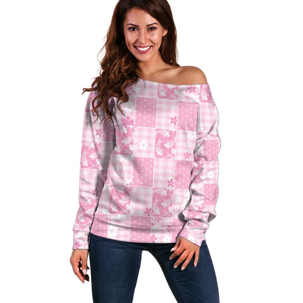 Pink Palaka Japanese Patterns Off Shoulder Sweater Koi Fish Asanoha Sakura Patchwork Stylized - Polynesian Pride