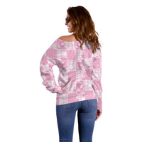 Pink Palaka Japanese Patterns Off Shoulder Sweater Koi Fish Asanoha Sakura Patchwork Stylized - Polynesian Pride