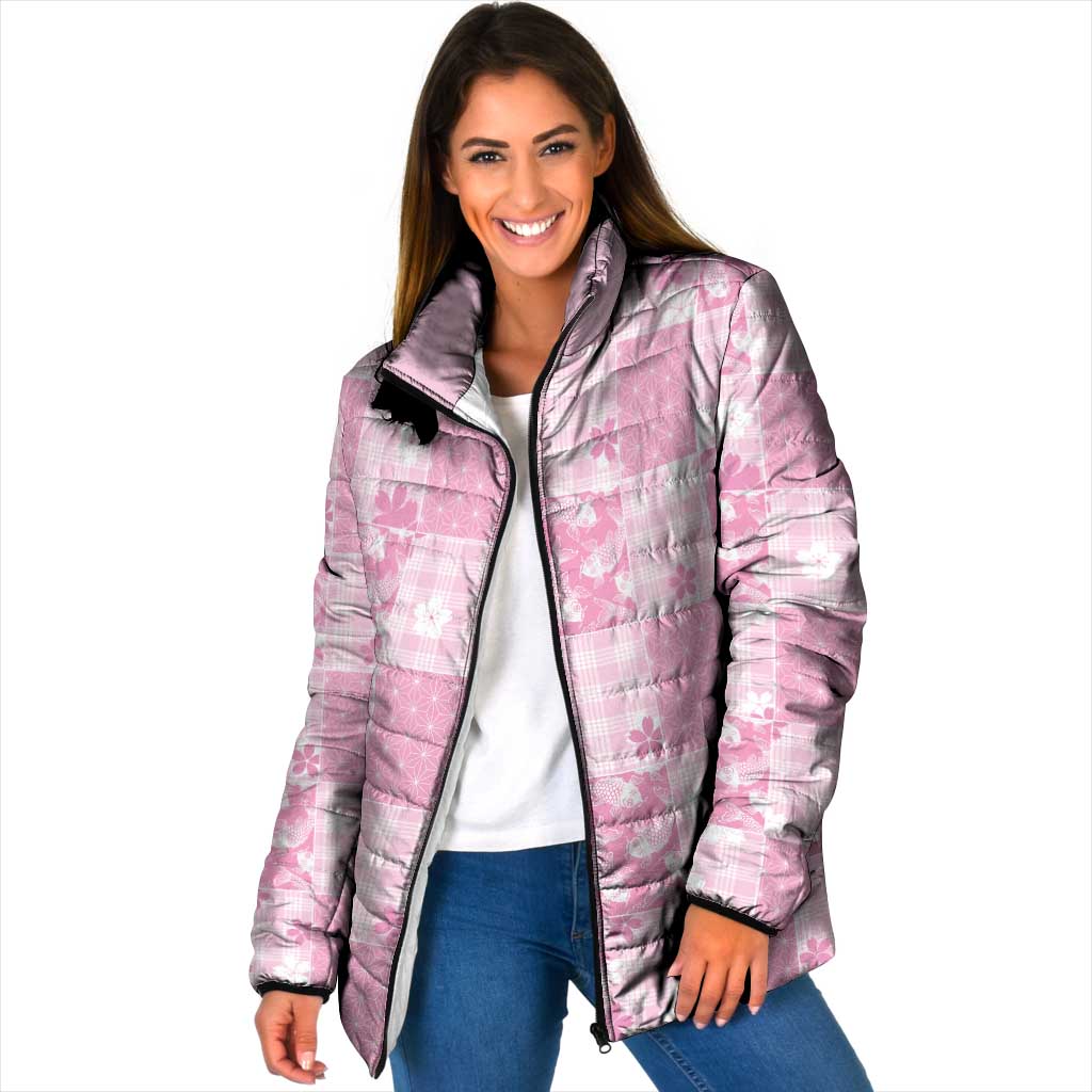 Pink Palaka Japanese Patterns Padded Jacket Koi Fish Asanoha Sakura Patchwork Stylized - Polynesian Pride