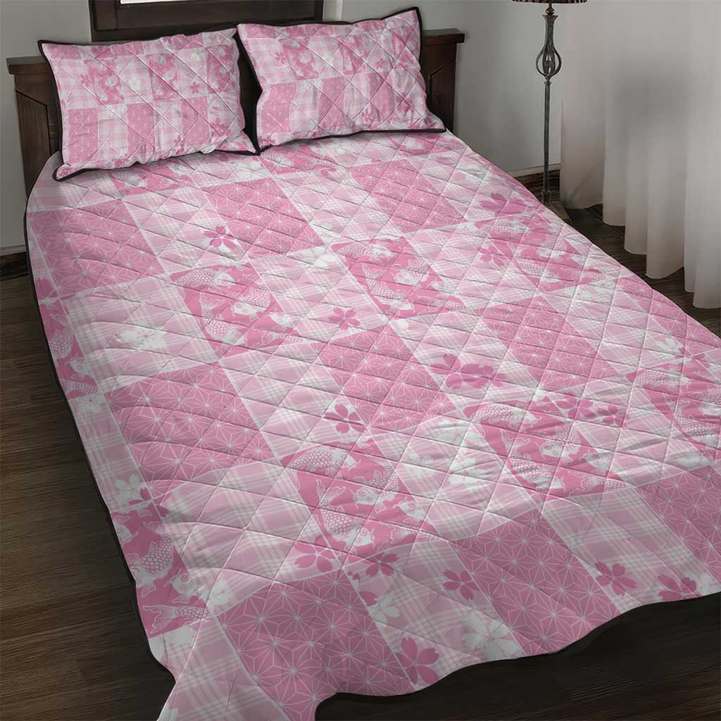 Pink Palaka Japanese Patterns Quilt Bed Set Koi Fish Asanoha Sakura Patchwork Stylized - Polynesian Pride