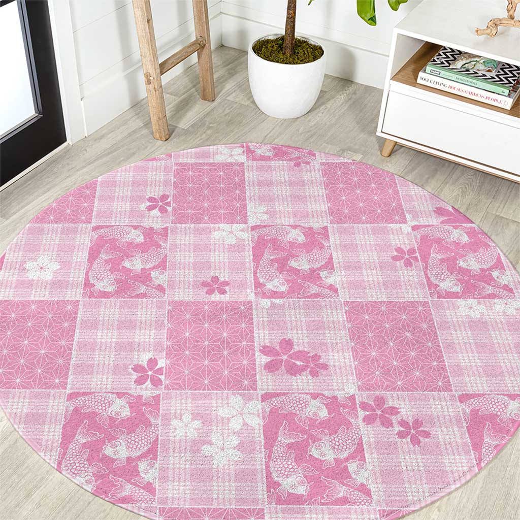 Pink Palaka Japanese Patterns Round Carpet Koi Fish Asanoha Sakura Patchwork Stylized - Polynesian Pride
