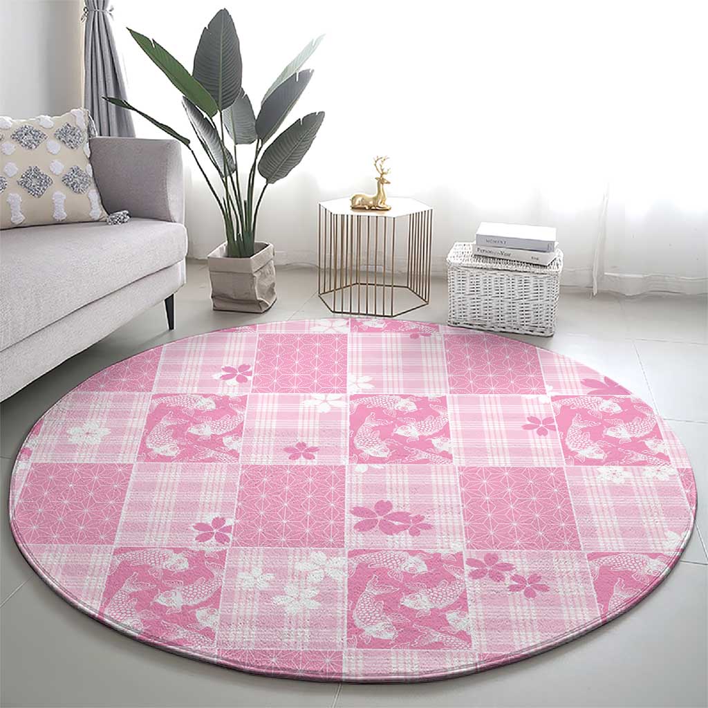 Pink Palaka Japanese Patterns Round Carpet Koi Fish Asanoha Sakura Patchwork Stylized - Polynesian Pride