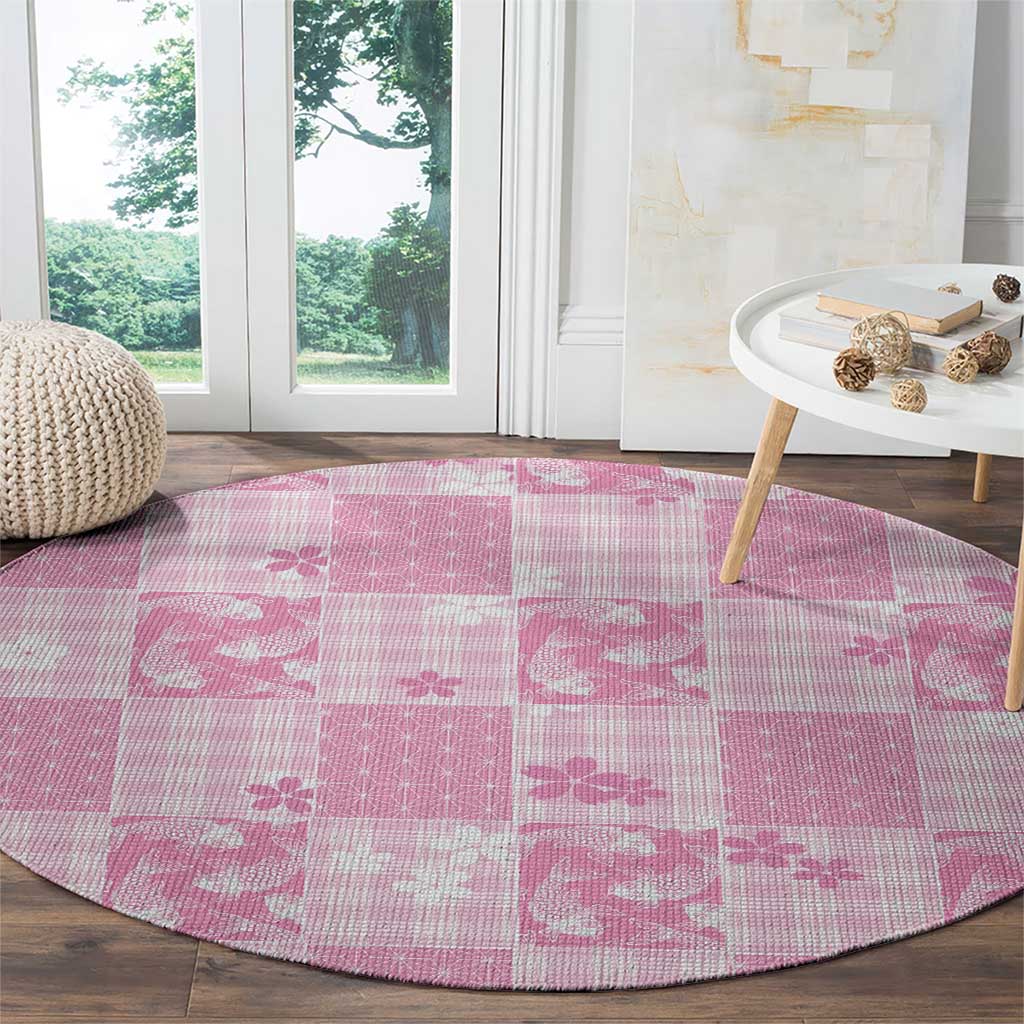 Pink Palaka Japanese Patterns Round Carpet Koi Fish Asanoha Sakura Patchwork Stylized - Polynesian Pride