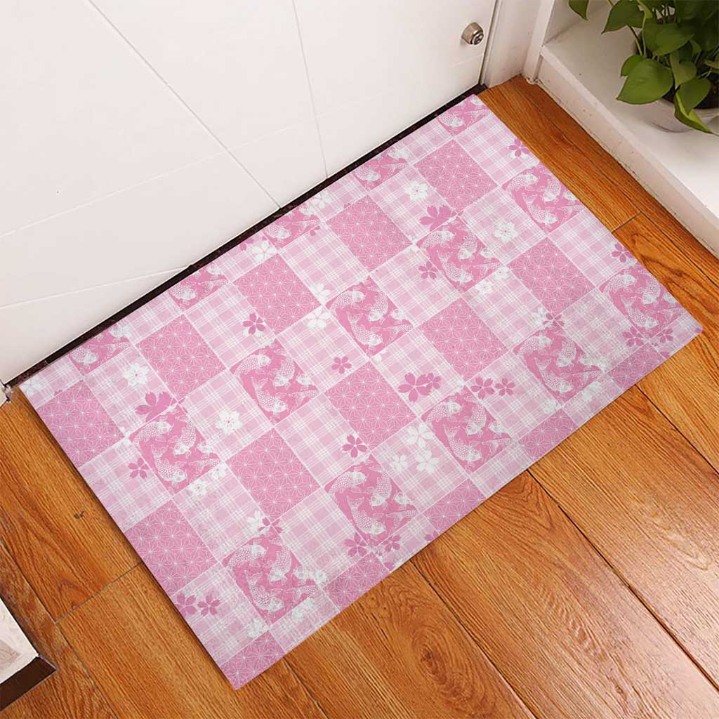 Pink Palaka Japanese Patterns Rubber Doormat Koi Fish Asanoha Sakura Patchwork Stylized - Polynesian Pride