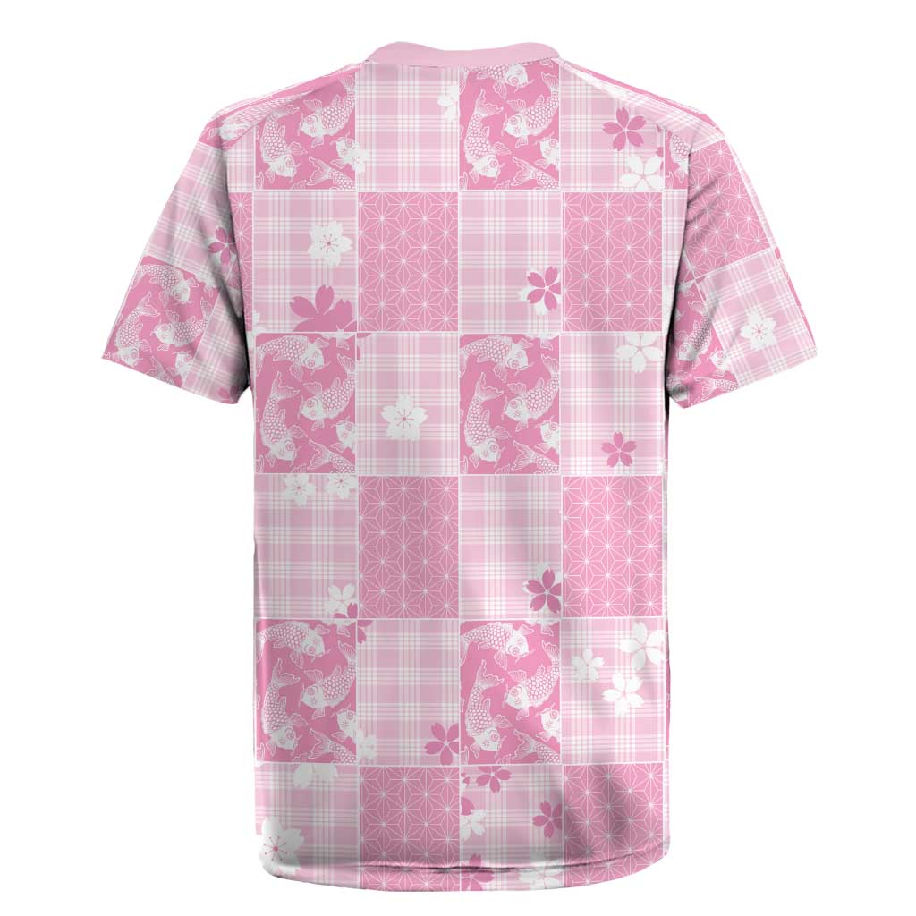 Pink Palaka Japanese Patterns Rugby Jersey Koi Fish Asanoha Sakura Patchwork Stylized - Polynesian Pride