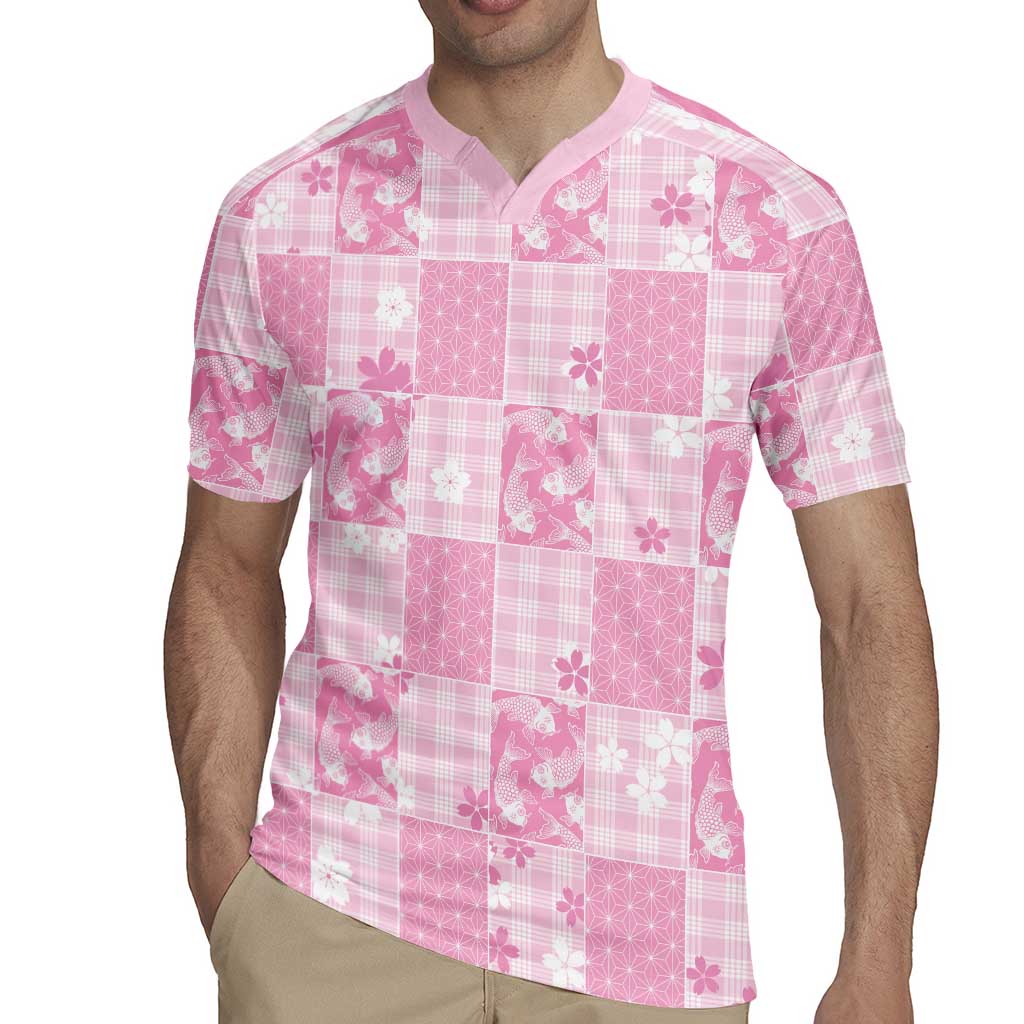 Pink Palaka Japanese Patterns Rugby Jersey Koi Fish Asanoha Sakura Patchwork Stylized - Polynesian Pride