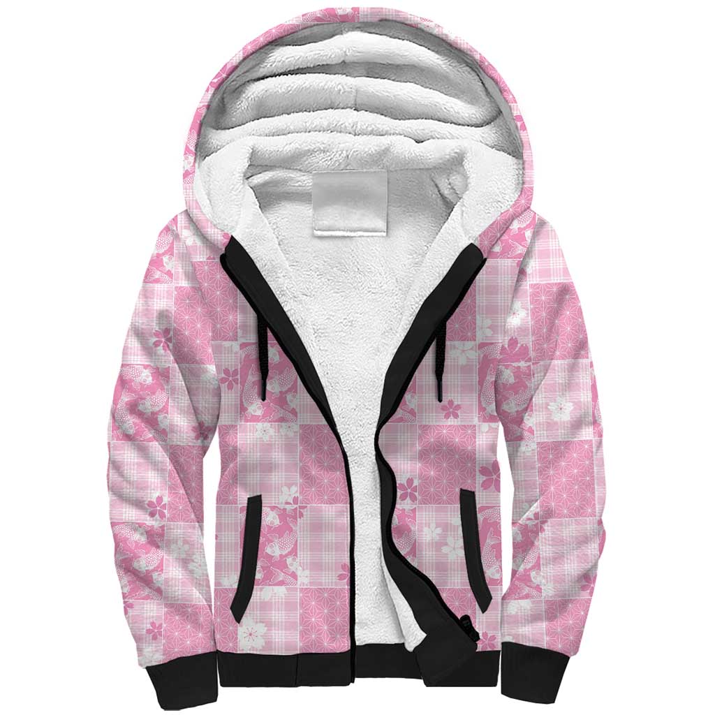 Pink Palaka Japanese Patterns Sherpa Hoodie Koi Fish Asanoha Sakura Patchwork Stylized - Polynesian Pride