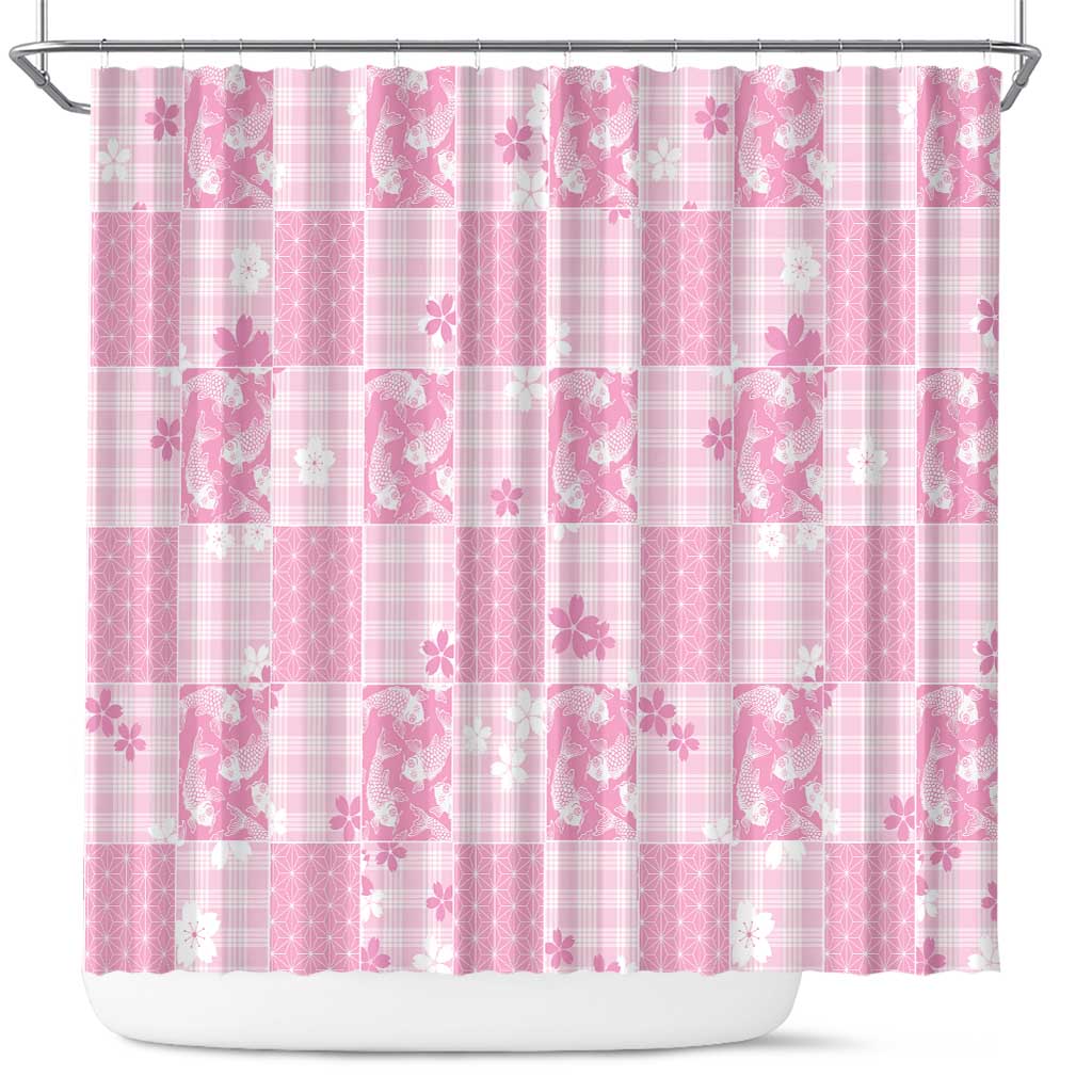 Pink Palaka Japanese Patterns Shower Curtain Koi Fish Asanoha Sakura Patchwork Stylized - Polynesian Pride