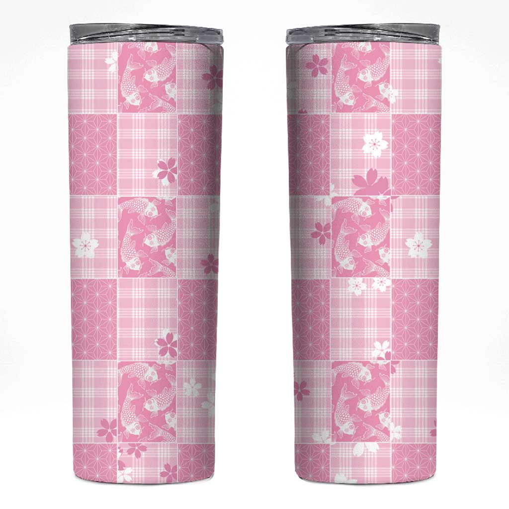 Pink Palaka Japanese Patterns Skinny Tumbler Koi Fish Asanoha Sakura Patchwork Stylized - Polynesian Pride