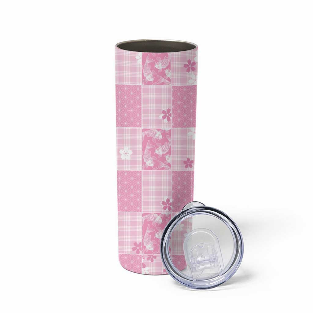 Pink Palaka Japanese Patterns Skinny Tumbler Koi Fish Asanoha Sakura Patchwork Stylized - Polynesian Pride