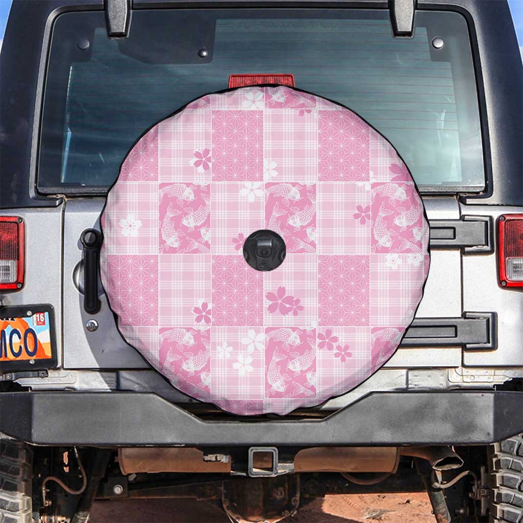 Pink Palaka Japanese Patterns Spare Tire Cover Koi Fish Asanoha Sakura Patchwork Stylized - Polynesian Pride