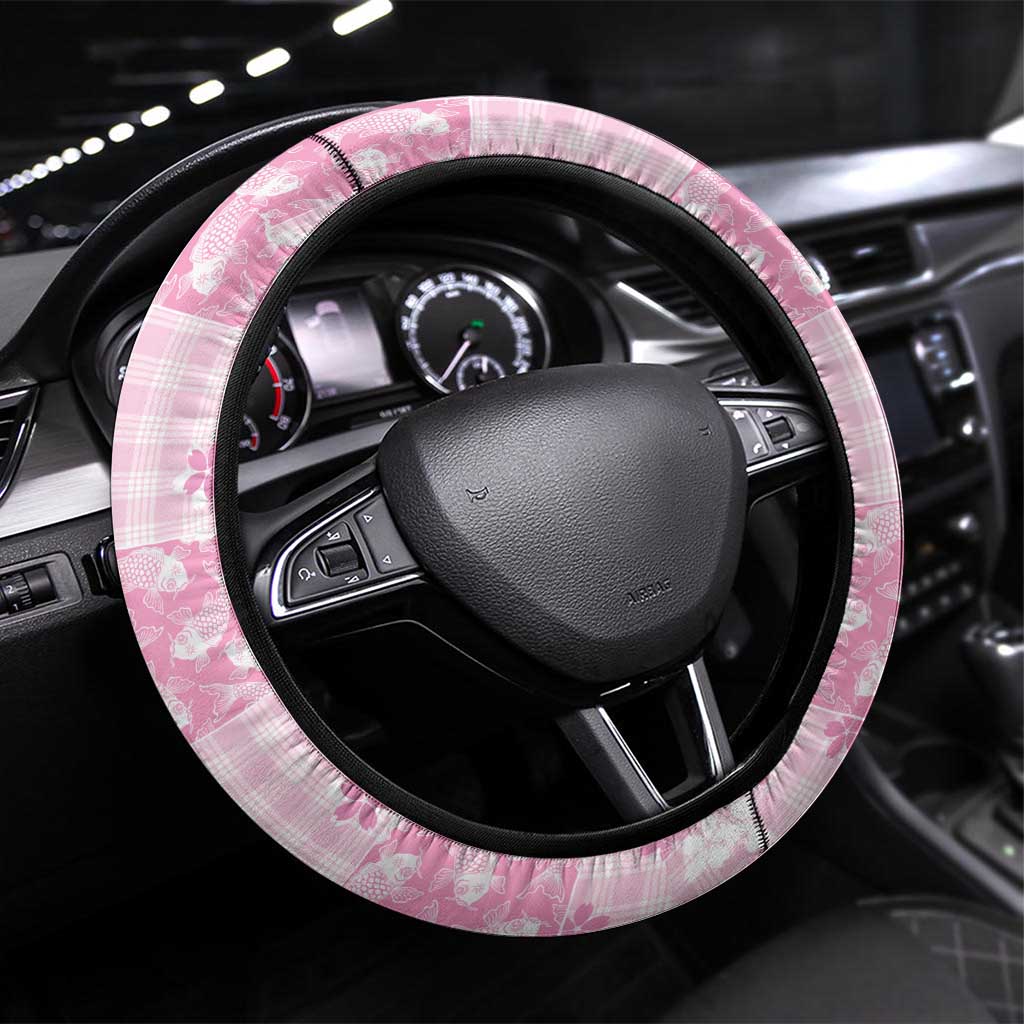 Pink Palaka Japanese Patterns Steering Wheel Cover Koi Fish Asanoha Sakura Patchwork Stylized - Polynesian Pride