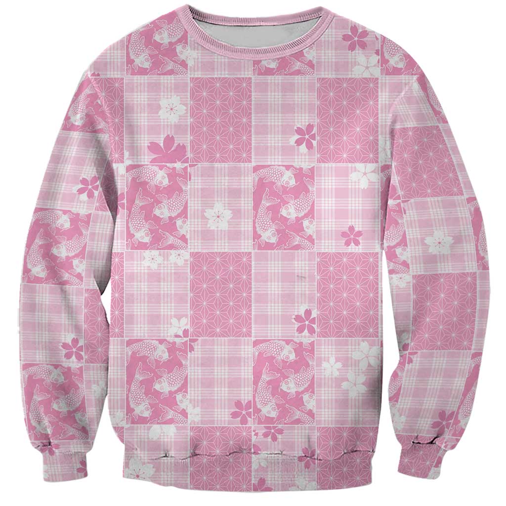 Pink Palaka Japanese Patterns Sweatshirt Koi Fish Asanoha Sakura Patchwork Stylized - Polynesian Pride