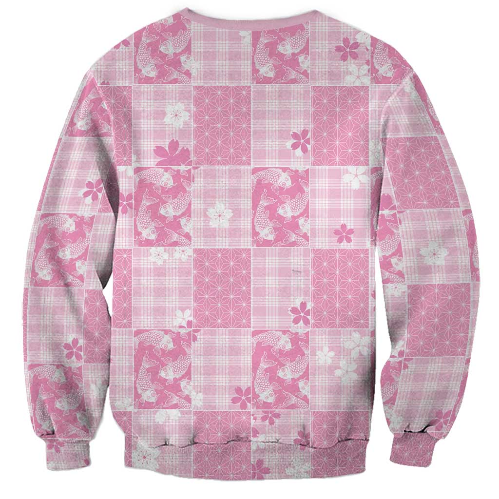 Pink Palaka Japanese Patterns Sweatshirt Koi Fish Asanoha Sakura Patchwork Stylized - Polynesian Pride