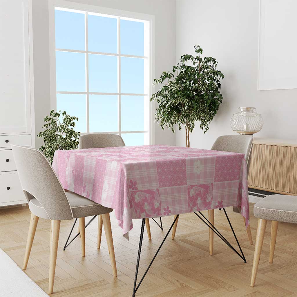 Pink Palaka Japanese Patterns Tablecloth Koi Fish Asanoha Sakura Patchwork Stylized - Polynesian Pride