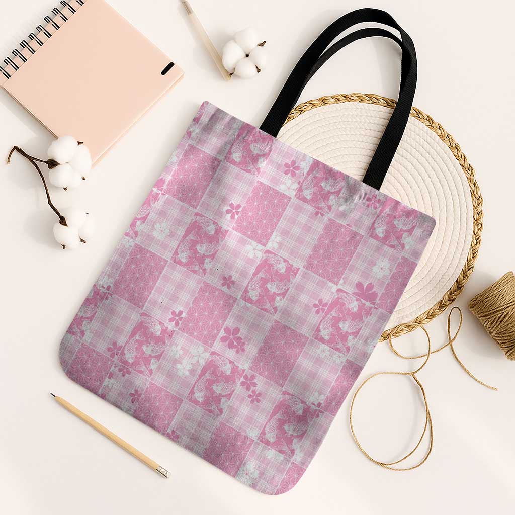 Pink Palaka Japanese Patterns Tote Bag Koi Fish Asanoha Sakura Patchwork Stylized - Polynesian Pride
