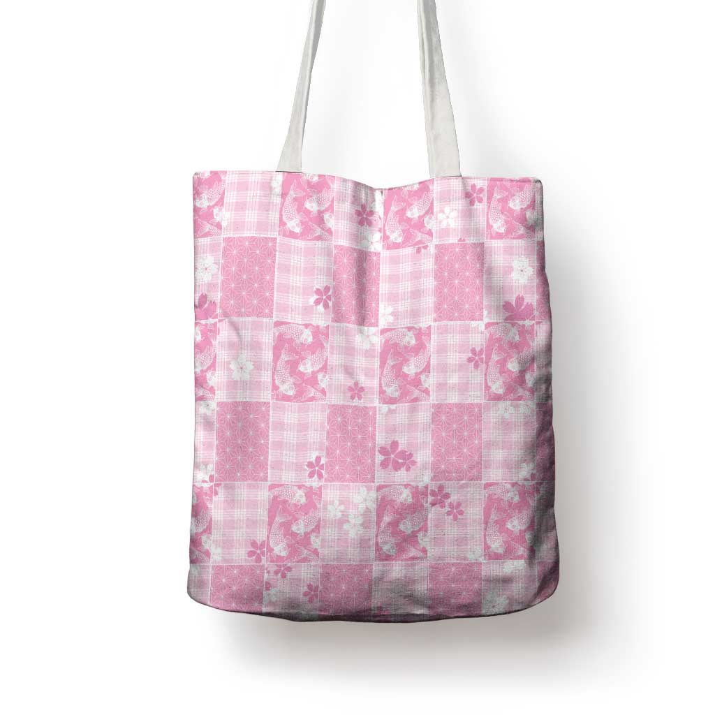 Pink Palaka Japanese Patterns Tote Bag Koi Fish Asanoha Sakura Patchwork Stylized - Polynesian Pride