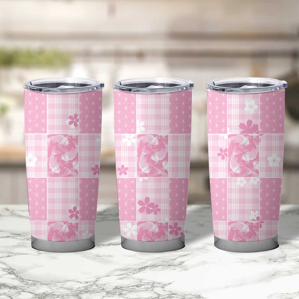 Pink Palaka Japanese Patterns Tumbler Cup Koi Fish Asanoha Sakura Patchwork Stylized - Polynesian Pride