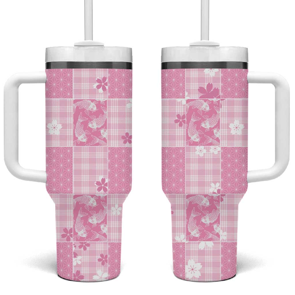 Pink Palaka Japanese Patterns Tumbler With Handle Koi Fish Asanoha Sakura Patchwork Stylized - Polynesian Pride