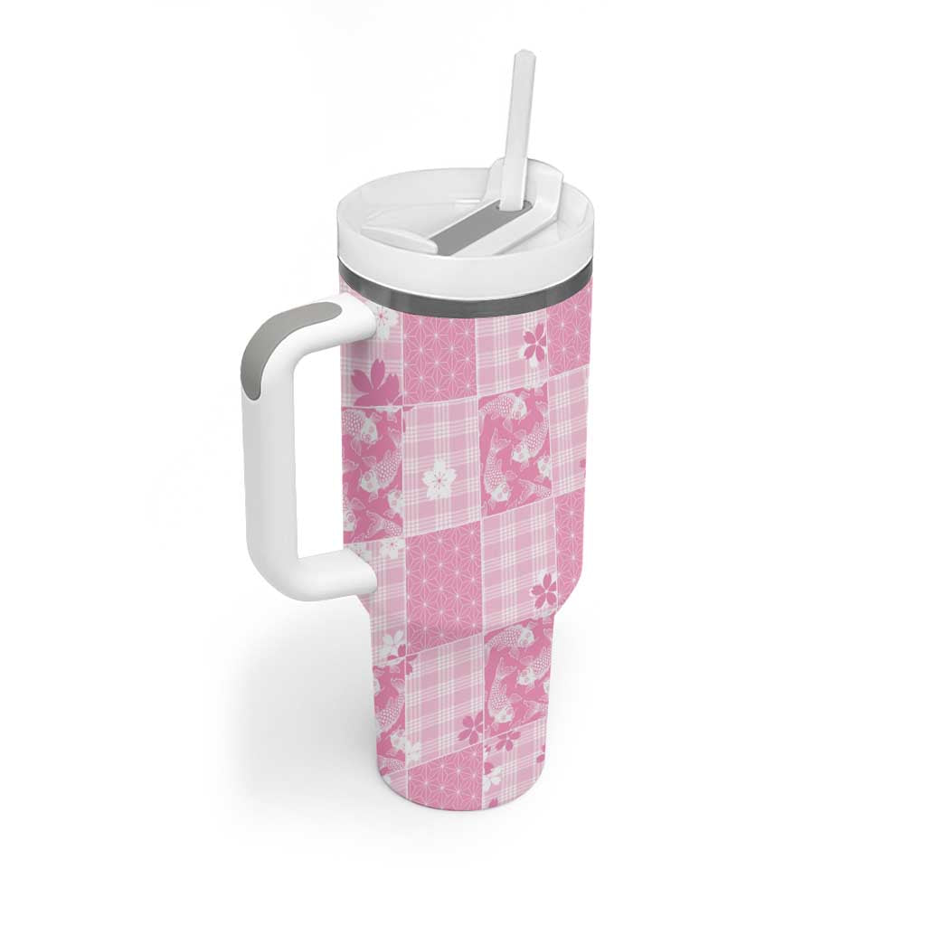 Pink Palaka Japanese Patterns Tumbler With Handle Koi Fish Asanoha Sakura Patchwork Stylized - Polynesian Pride