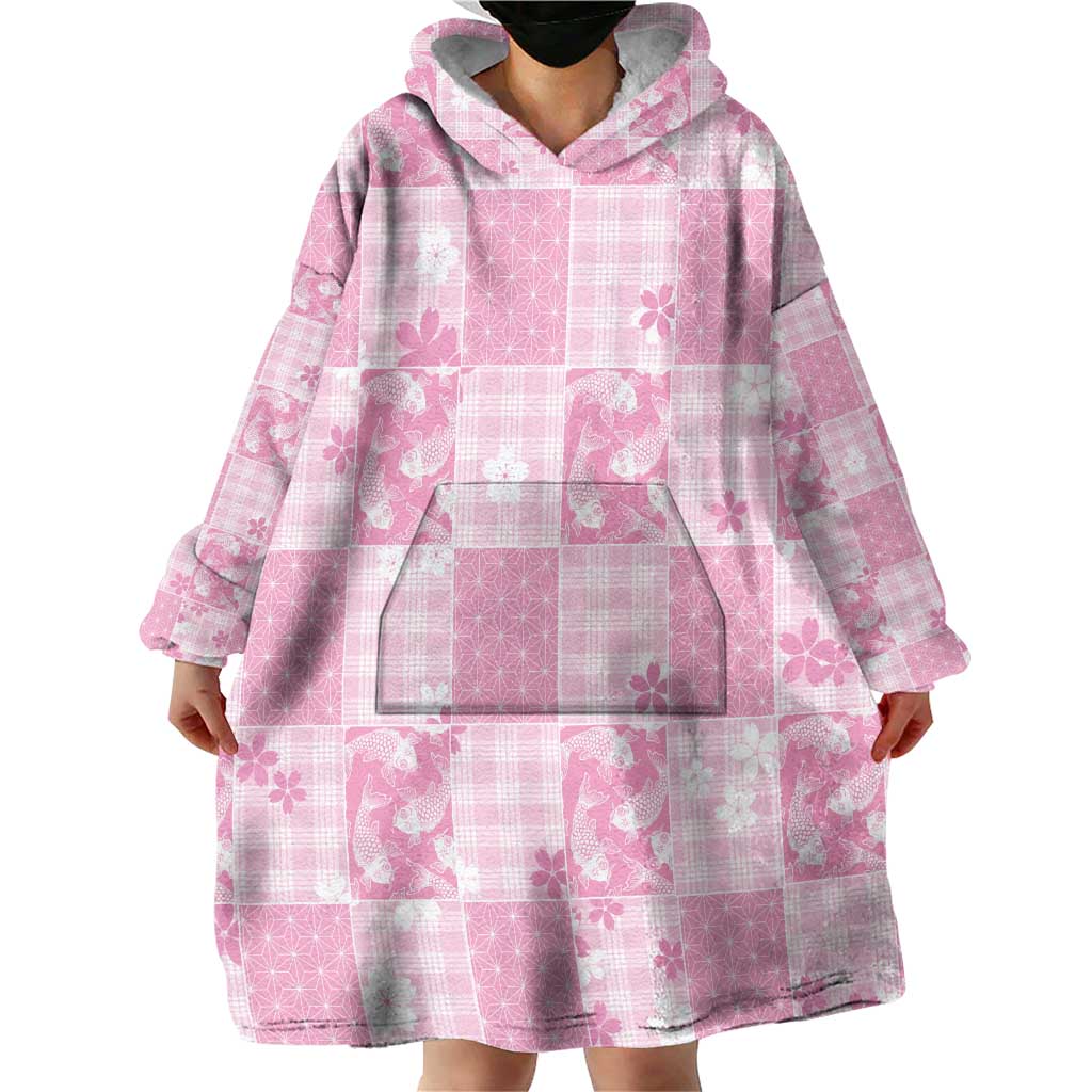 Pink Palaka Japanese Patterns Wearable Blanket Hoodie Koi Fish Asanoha Sakura Patchwork Stylized - Polynesian Pride