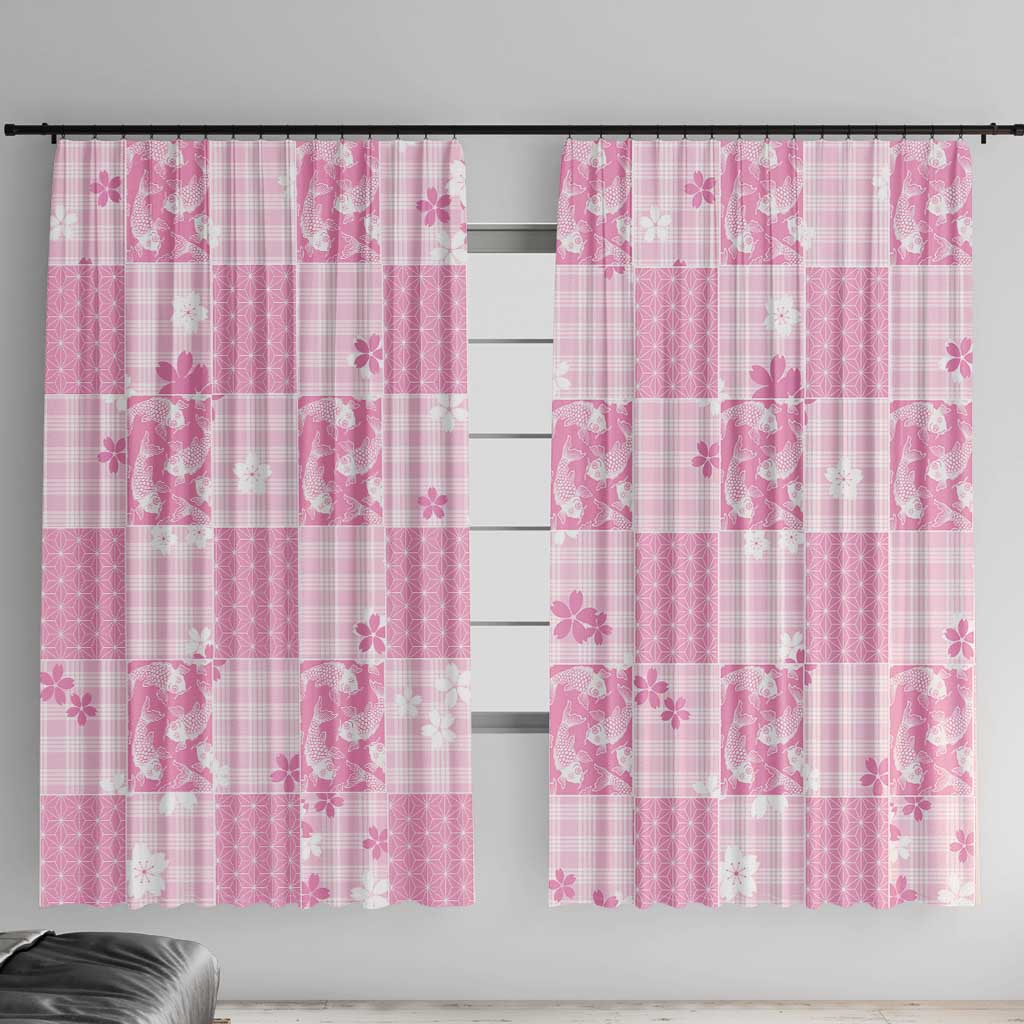 Pink Palaka Japanese Patterns Window Curtain Koi Fish Asanoha Sakura Patchwork Stylized - Polynesian Pride