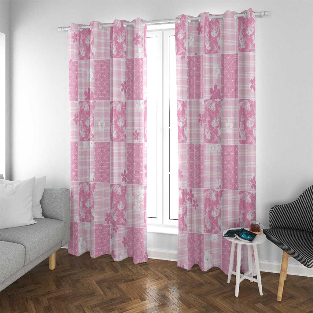 Pink Palaka Japanese Patterns Window Curtain Koi Fish Asanoha Sakura Patchwork Stylized - Polynesian Pride
