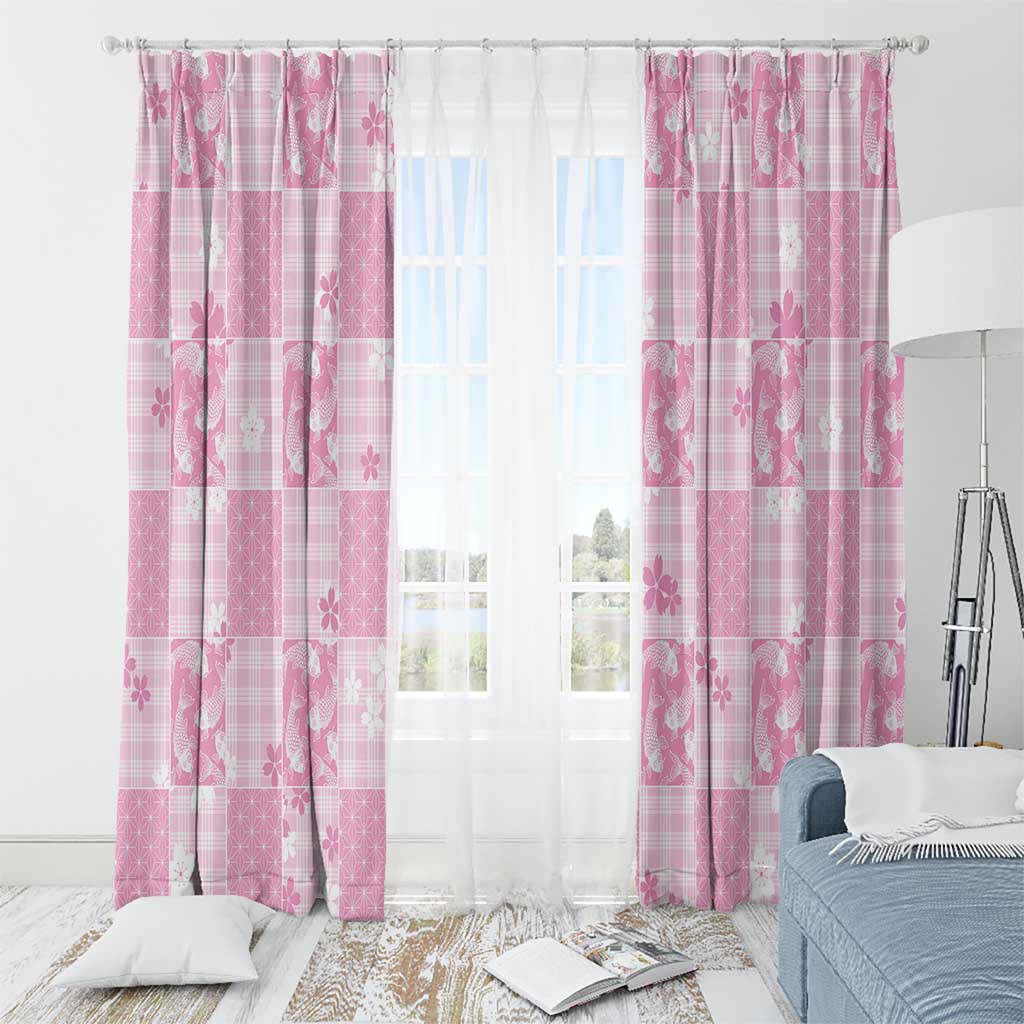 Pink Palaka Japanese Patterns Window Curtain Koi Fish Asanoha Sakura Patchwork Stylized - Polynesian Pride