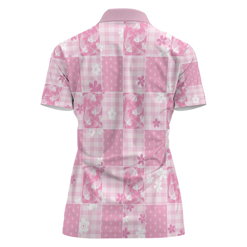 Pink Palaka Japanese Patterns Women Polo Shirt Koi Fish Asanoha Sakura Patchwork Stylized - Polynesian Pride