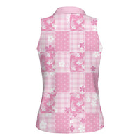 Pink Palaka Japanese Patterns Women Sleeveless Polo Shirt Koi Fish Asanoha Sakura Patchwork Stylized - Polynesian Pride