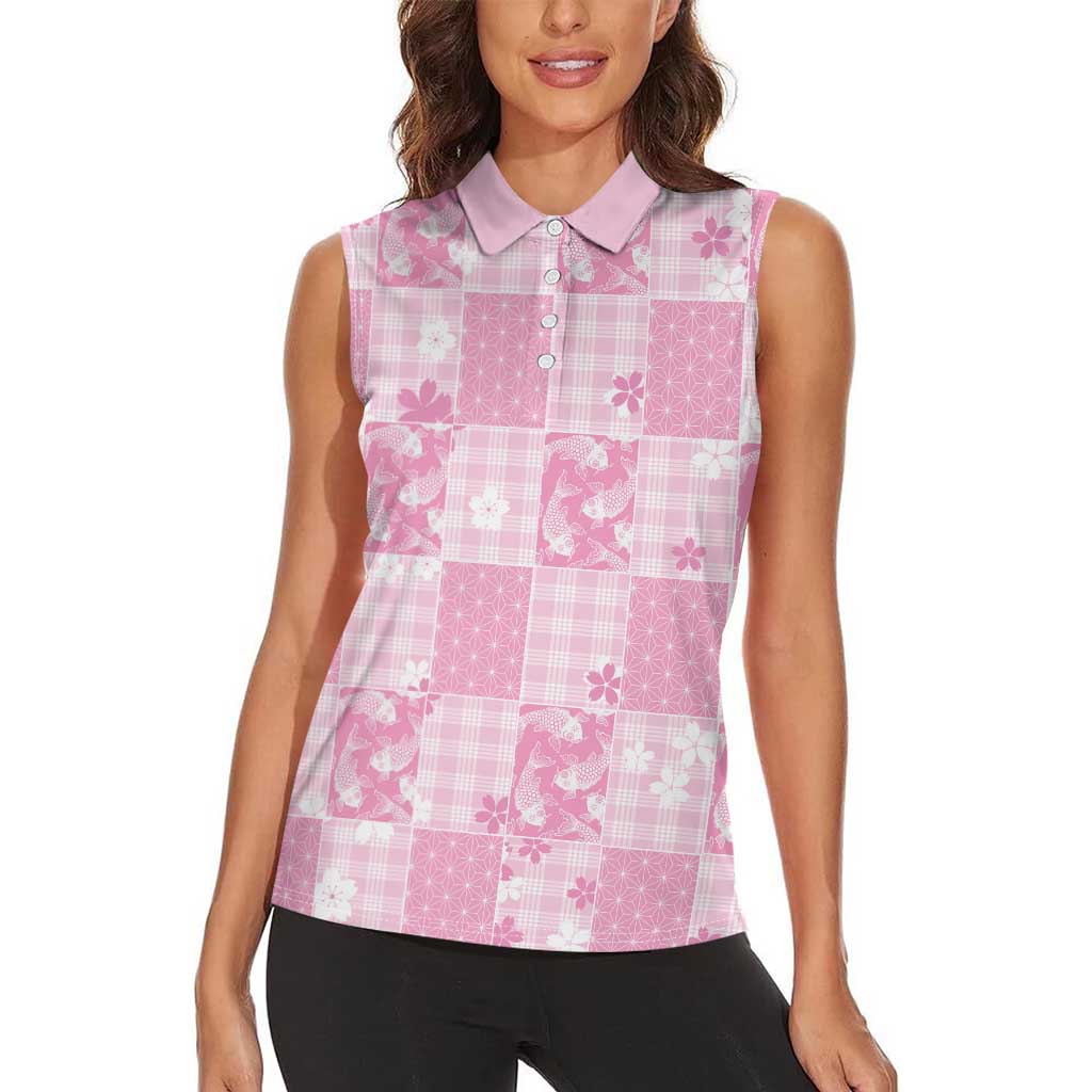 Pink Palaka Japanese Patterns Women Sleeveless Polo Shirt Koi Fish Asanoha Sakura Patchwork Stylized - Polynesian Pride