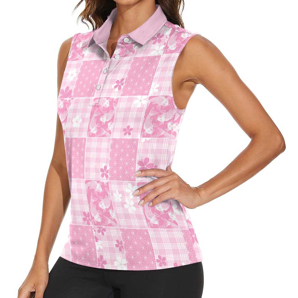 Pink Palaka Japanese Patterns Women Sleeveless Polo Shirt Koi Fish Asanoha Sakura Patchwork Stylized - Polynesian Pride