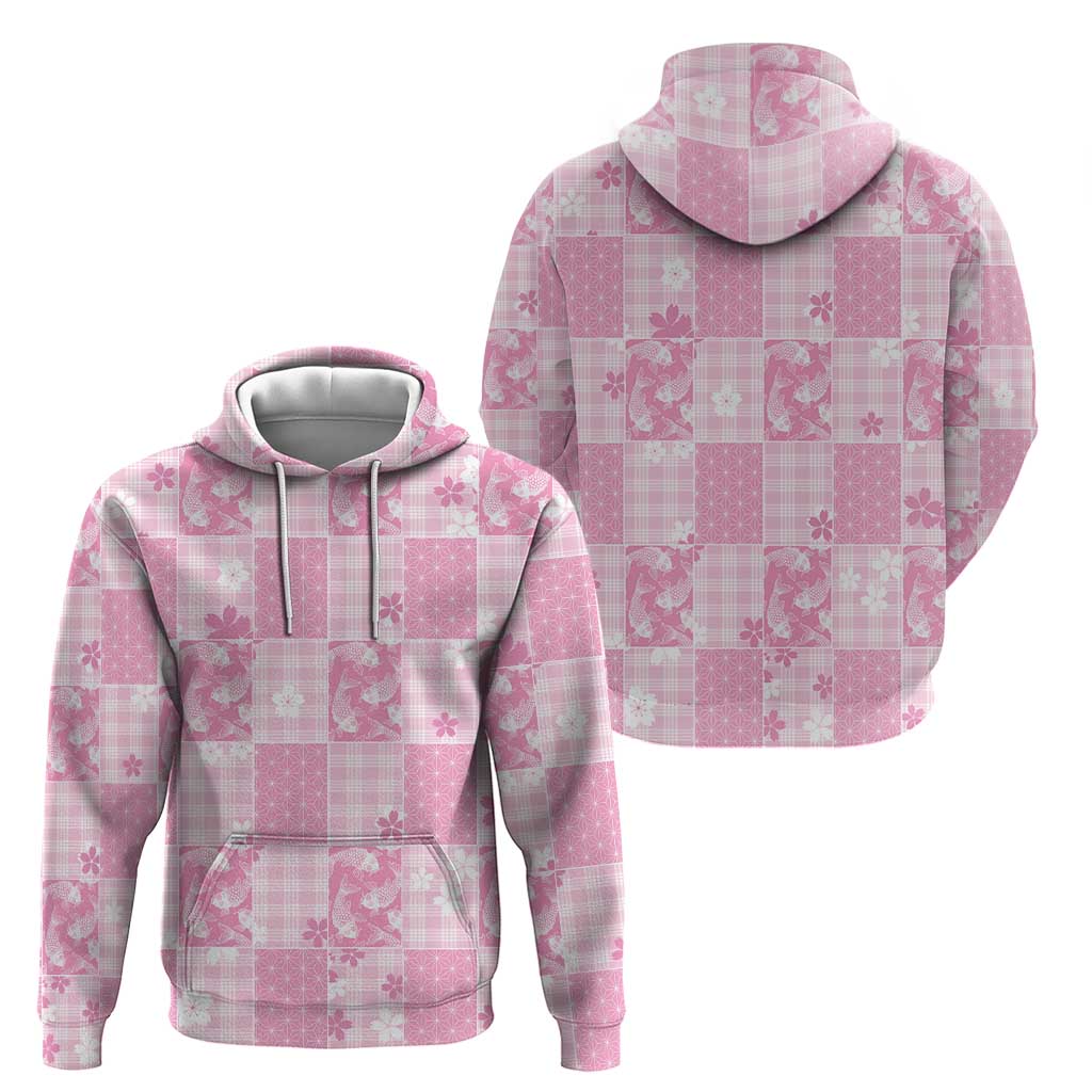 Pink Palaka Japanese Patterns Zip Hoodie Koi Fish Asanoha Sakura Patchwork Stylized - Polynesian Pride