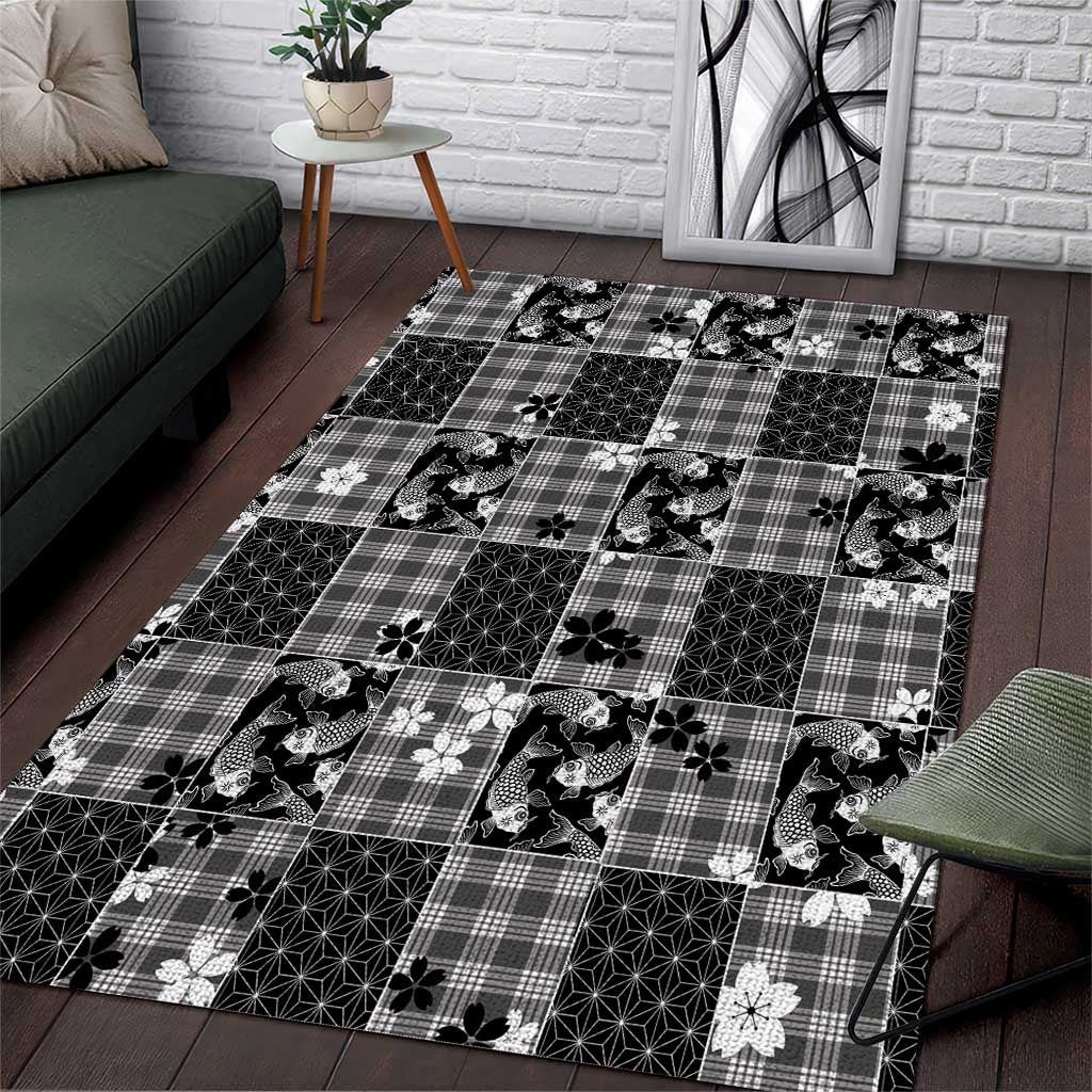 Black Palaka Japanese Patterns Area Rug Koi Fish Asanoha Sakura Patchwork Stylized - Polynesian Pride