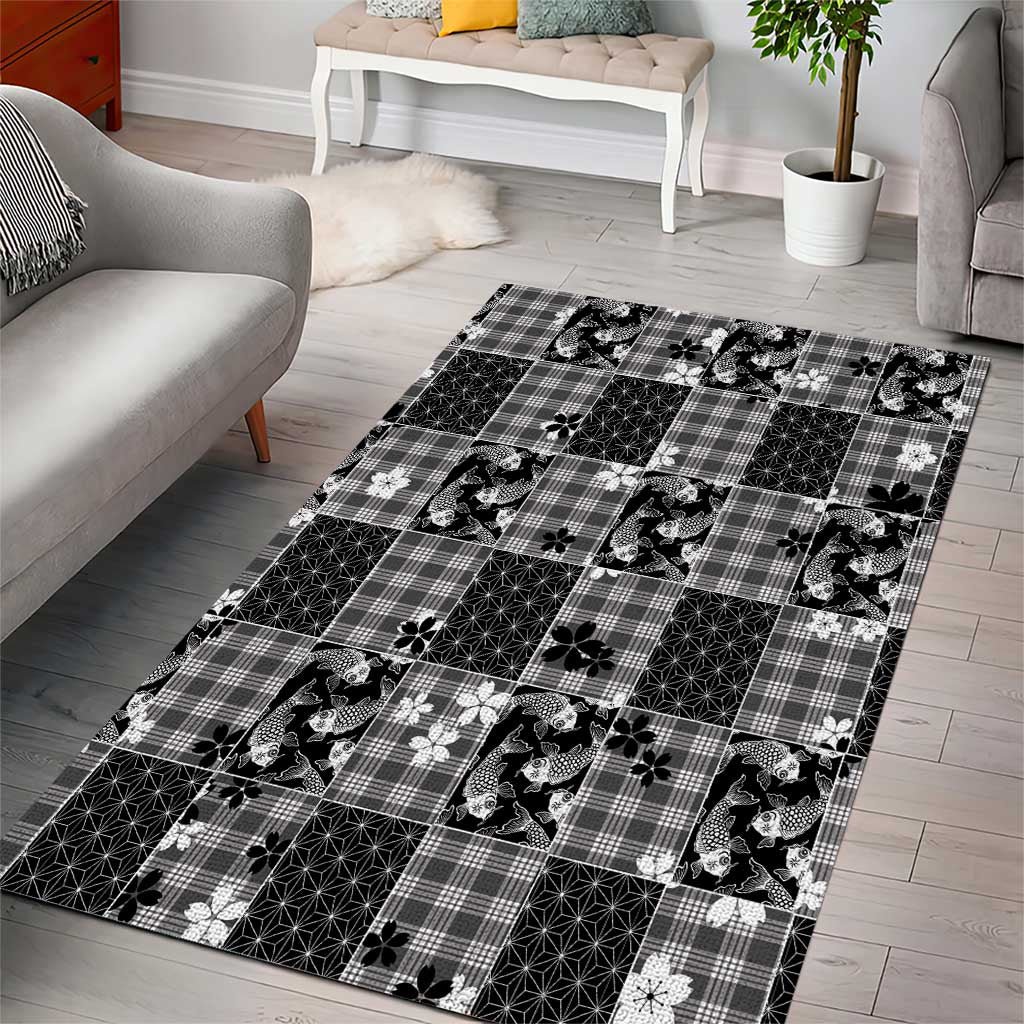 Black Palaka Japanese Patterns Area Rug Koi Fish Asanoha Sakura Patchwork Stylized - Polynesian Pride