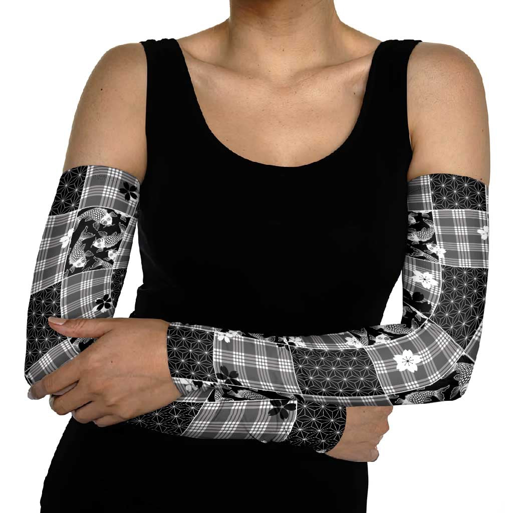 Black Palaka Japanese Patterns Arm Sleeves Koi Fish Asanoha Sakura Patchwork Stylized - Polynesian Pride
