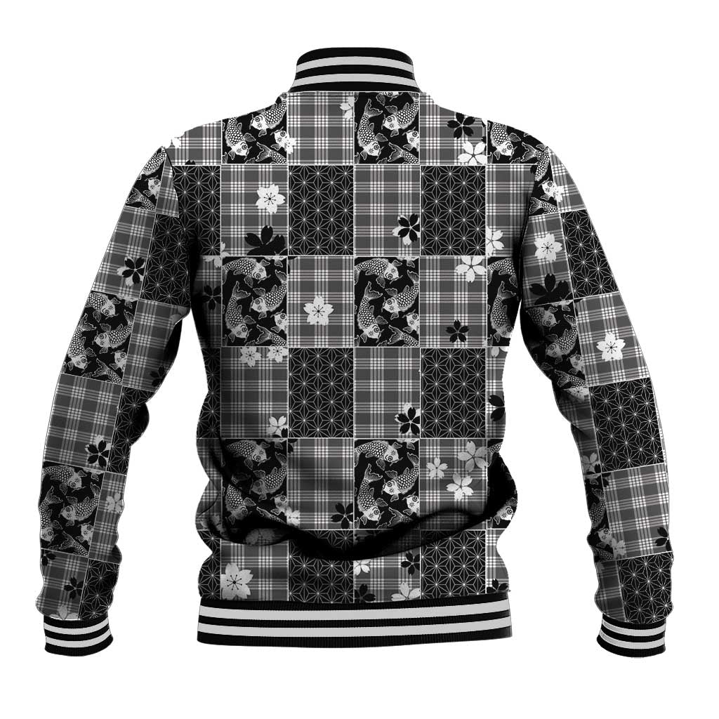 Black Palaka Japanese Patterns Baseball Jacket Koi Fish Asanoha Sakura Patchwork Stylized - Polynesian Pride