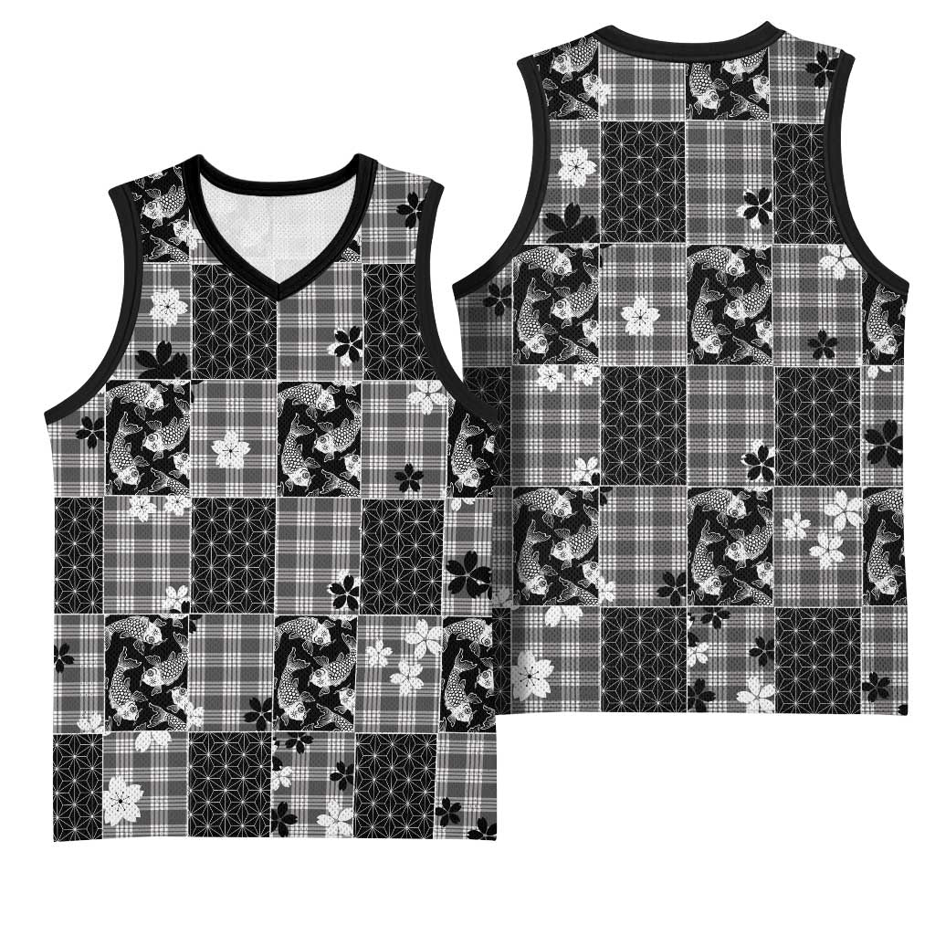 Black Palaka Japanese Patterns Basketball Jersey Koi Fish Asanoha Sakura Patchwork Stylized - Polynesian Pride