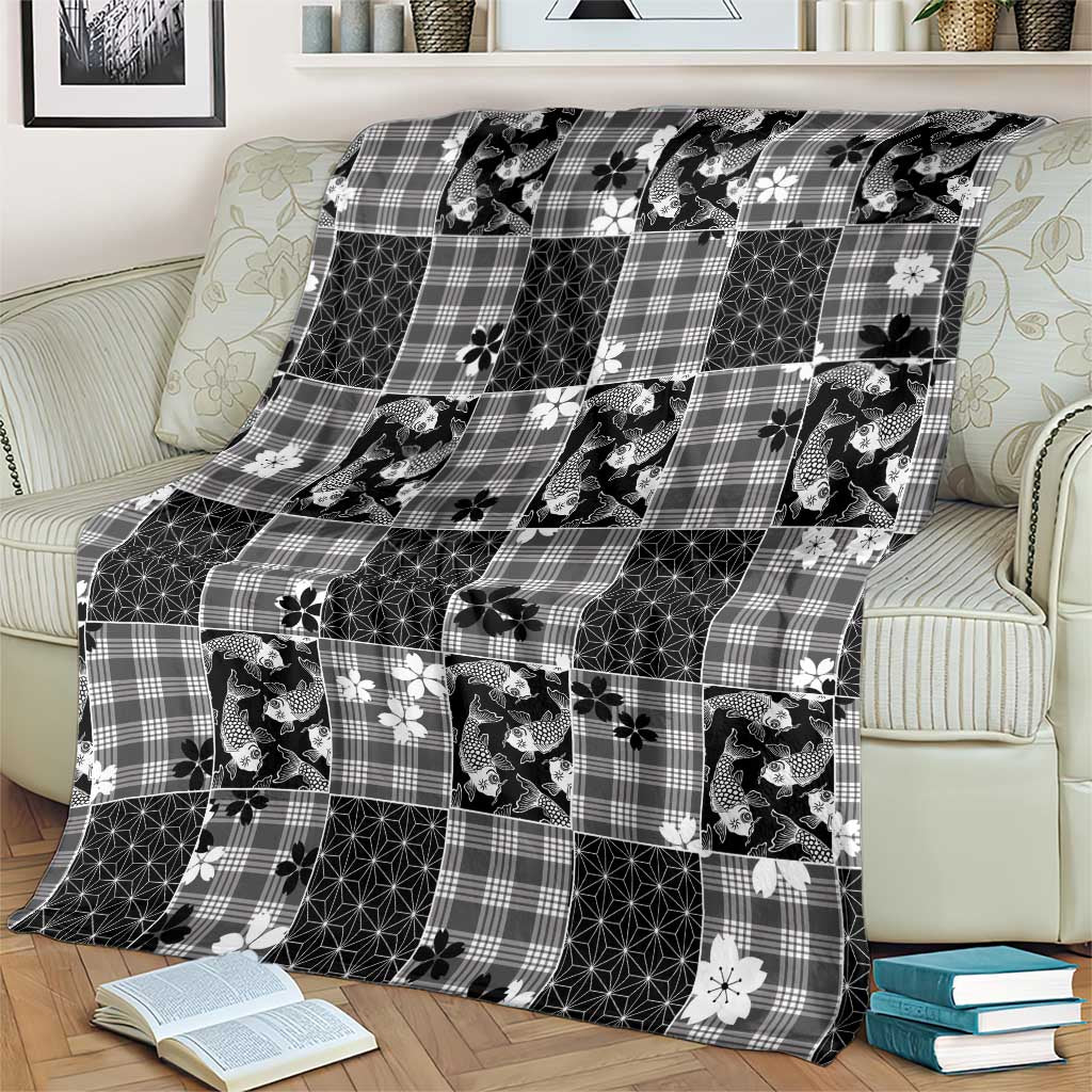 Black Palaka Japanese Patterns Blanket Koi Fish Asanoha Sakura Patchwork Stylized - Polynesian Pride
